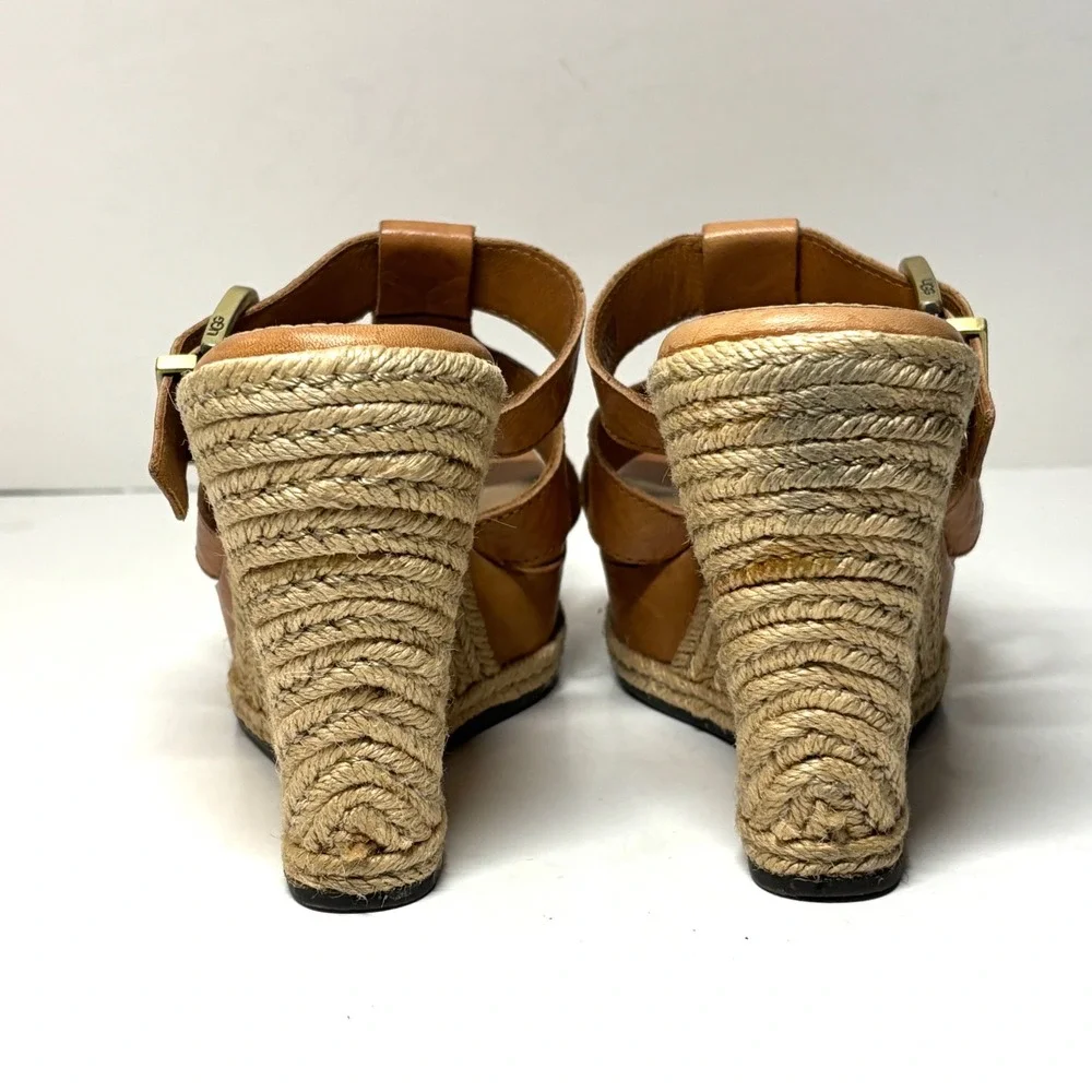 UGG Lucianna Wedge Sandals‎ Womens 9 Tan Leather Espadrille Platform Boho Summer
